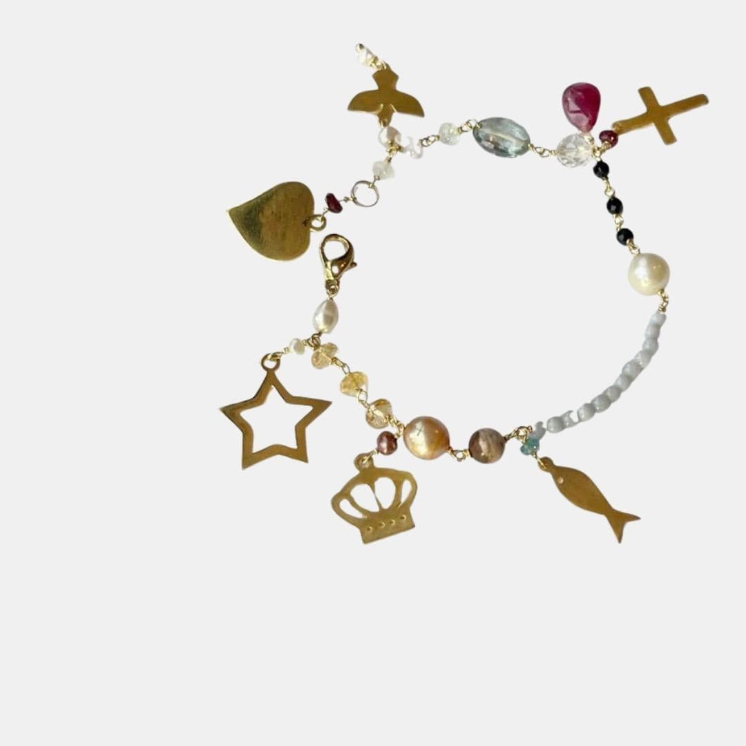 Pulseira História De Cristo com pedras e símbolos religiosos